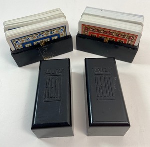 lot 94 image: Two Bakelite KEM Double Deck Card Cases with Cards Plus 1 Wedgewood Schaal Jasperwear White on Yellow Ashtray