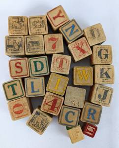 lot 111 image: Antique Wood Alphabet  Word  Animal Blocks - Set of 20 Plus 2