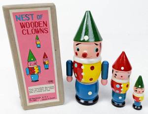 lot 140 image: Vintage Toys LEHMANN Loli Tin Flapping, Flying Bird and SHACKMAN Nesting Wood Clowns - Original Boxes