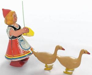 lot 136 image: Vintage Kohler Wind-Up Tin Geese and Herding Girl Toy from West Germany - Works