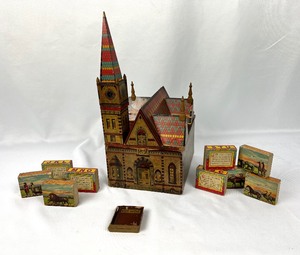 lot 3 image: RARE Antique Reeds Paper Litho Cathedral w Sunday Wood Blocks Toy c.1882