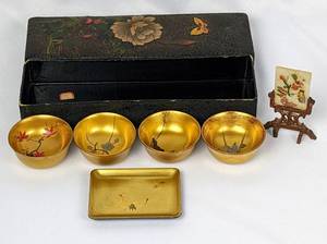 lot 146 image: Asian Black & Gold Hand Painted Chinoiserie Gilt Lacquer Ware