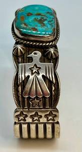 lot 4A image: Stunning Large Cuff Navajo Sterling and Turquoise Bracelet by F. Charley Kingman