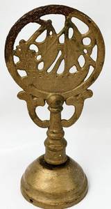 lot 210 image: Antique Cast Metal Table Lamp with Slag Glass, Leaf Decor, Chinese Junk Ship Finial Cap