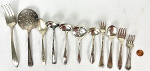 lot 166 image: Assorted Vintage Silver Plate Serving Flatware - Small Ladles, Pierced Serving Ware, Pickle Forks and More