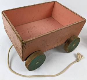 lot 152 image: Antique Wood Pull Toy  Cart of Play Blocks