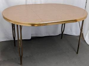 lot 153 image: Vintage Walter of Wabash Formica Dinette Set with Table and Two Chairs - Copper, Brass, Green and Gold Detail