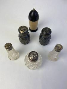 lot 213 image: Vintage Sterling Silver, Bakelite and Glass Salt and Pepper Collection