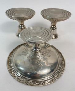 lot 238 image: Vintage Sterling Silver Compote and Two Weighted Sterling Candlestick Holders