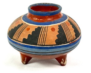 lot 315 image: Colorful Hand-Painted Native Pottery - A Traditional Polychrome 3-Legged Vessel and Pieces by Tasso