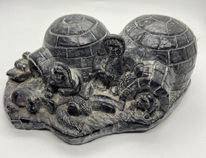 lot 283 image: Edmund Wolf Original - Hand Crafted Alaskan Igloo Village Soapstone Sculpture & Mother Bear Nursing Two Cubs