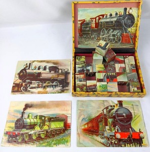 lot 258 image: Antique Wooden Lithographed Blocks Set of Locomotives with Five Guides