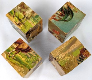 lot 259 image: Antique Wood Lithographed 4-Block Play Set of Farm Animals with Six Picture Guides