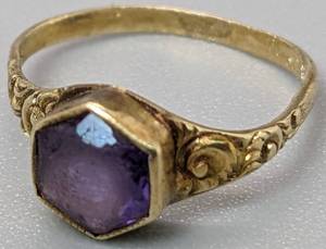 lot 225 image: Two Vintage 10K Child Birthstone Rings & Vintage Ring Box - Amethyst and Ruby