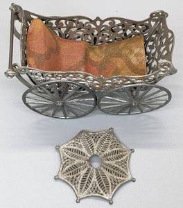 lot 223 image: 1893 Silver Filigree Baby Carriage with Rolling Wheels and Head Shade
