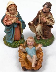 lot 156 image: Italian Nativity Manger Scene with Wood Fold-Up Creche - Tabletop Scale 4 to 4.25 high
