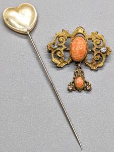 lot 305 image: Vintage Brooch and 10 Hat Pins Sterling Silver, 10K Included