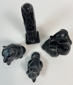 lot 294 image: Vintage Inuit Soapstone Carvings - Eskimo Hunter with Seal, Raccoon, Bear & Totem- Made in Canada