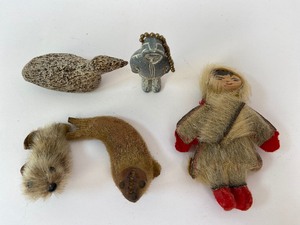lot 318 image: Vintage Seal Skin  Fur Figurines, Porous Material Duck and Plastic Soapstone Replica Eskimo Keychain Figurine