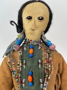 lot 321 image: Antique Rebecca Blue Cloud (Dakota 1883-1944) Beaded Hide Doll w Baby in Papoose