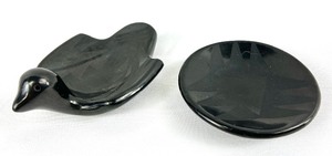 lot 330 image: Two Vintage Signed Santa Clara Pueblo Black-On-Black Pottery Pieces - Bird Effigy (Clara Suazo) and Shallow Bowl