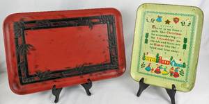 lot 337 image: Vintage Kitchen Lot Enameled Metal Bowls, Kurt Hamsen Pitcher, Lacquer  Christmas Trays, Aluminum Utensils