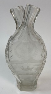 lot 359 image: Vintage Glass Decanter with Sherry Bottle Tag on a Chain, Victorian Double Gimmel Flask & 4 Shot Glasses