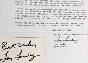 lot 386 image: Tom Landry 1978 Original Letter, Signature, and Separate Autograph - Dallas Cowboys Football