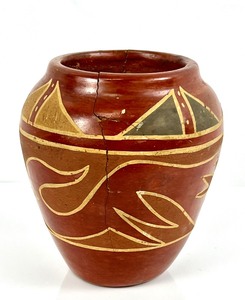 lot 346 image: Vintage Native American Redware Jar w Avanyu Water Serpent, Unsigned. Santa Clara Pueblo