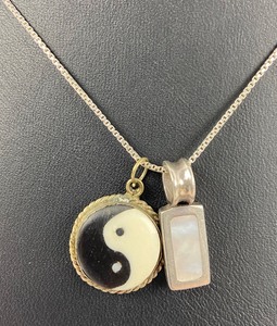 lot 390 image: Sterling Silver Chain with Two Pendants (Yin Yang & Mother of Pearl) and Sterling Pierced Earrings with Dangling Hearts