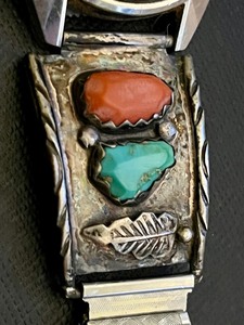 lot 298 image: Vintage Zuni Signed Wayne Cheama Sterling Turquoise and Coral Watch Tips