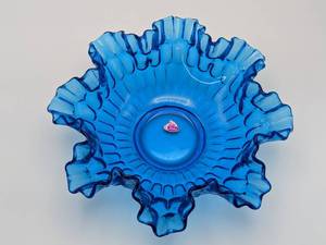 Excellent Fenton 12 Ruffled Blue Bowl Original Sticker