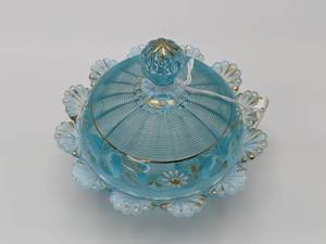 Antique Blue Opal Fluted Scrolls Berry Dish w Lid