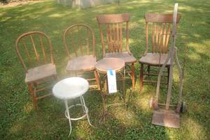 4 vintage wood chairs, plant stand,...