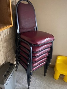 lot 82 image: 6 red- fabric backed stackable chairs