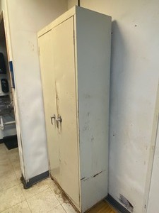 lot 36 image: Old metal cabinet with shelving
