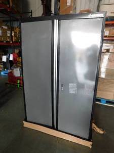 lot 25 image: Husky Welded Steel Floor Cabinet in Black and Gray (46 in W x 72 in. H x 24 in. D)