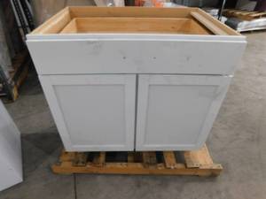 lot 9 image: Hampton Bay Courtland Shaker Assembled 36 in. x 34.5 in. x 24 in. Stock Sink Base Kitchen Cabinet in Polar White Finish