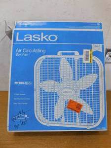 lot 25 image: Lasko Save-Smart Energy Efficient 20 in. 3 Speed White Box Fan with Built-In Carry Handle