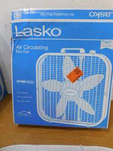 lot 26 image: Lasko Save-Smart Energy Efficient 20 in. 3 Speed White Box Fan with Built-In Carry Handle