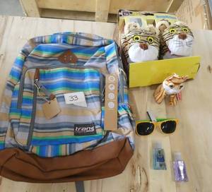 Backpack, slippers, sunglasses and hand sanitizer