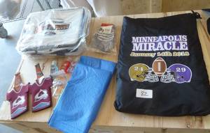 Football game pack - stadium blanket, 2 rain ponchos, bottle koozies, gloves, hand sanitizer, key chains and a nice collapsible cooler