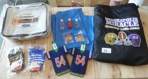 Football game pack - stadium blanket, 2 rain ponchos, bottle koozies, gloves, hand sanitizer, key chains and a nice collapsible cooler