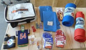 Football game pack - 2 stadium blankets, 2 rain ponchos, bottle koozies, 2 pair of gloves, hand sanitizer, key chains, bottle opener and a nice collapsible cooler