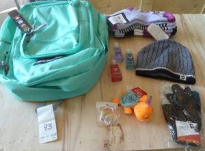 School survival kit - backpack, hat, gloves, socks, hand sanitizer and a toy to hang on the backpack