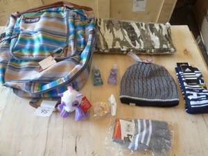 School survival kit - backpack, hat, leggings, gloves, socks, hand sanitizer and a toy to hang on the backpack