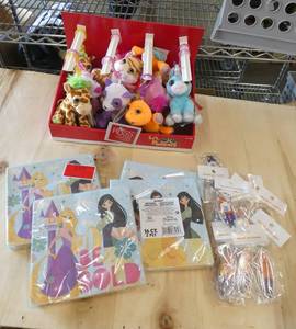 Birthday party supplies - case of 12 backpack animals, napkins and keychains