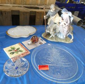 Christmas items - large serving platter, divided tray, and beautiful porcelain Mary and Joseph figure about 13 inches tall (heavy)
