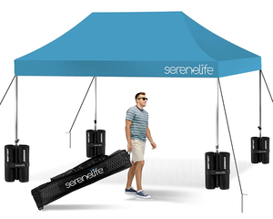 SERENLIFE SLGZ15SB Pop Commercial Instant Shelter-Waterproof Polyester Tent with Portable Wheeled Carry Sand Bag, 10 x 15 ft. (Sky Blue), 10x15