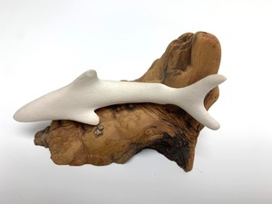 lot 104 image: Small Carved Stone Shark on Burl Wood Base